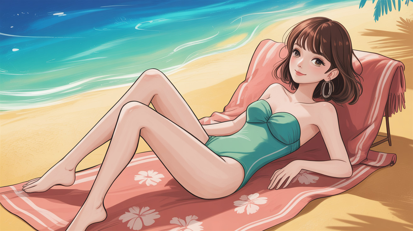 Anime Style Young Woman Sunbathing at the Beach