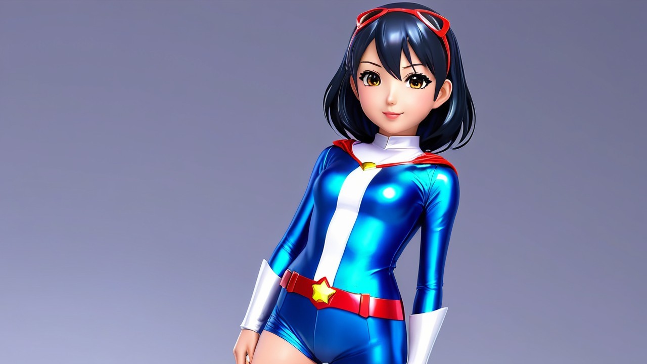 Stylized animated character in blue superhero costume