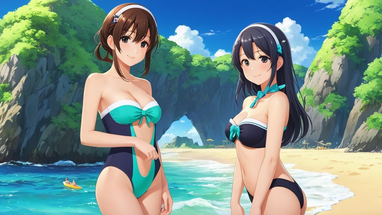 Animated Characters on a Beach with Vibrant Swimwear