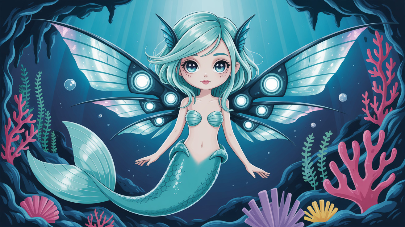 Chibi Mermaid with Futuristic Wings Underwater Scene