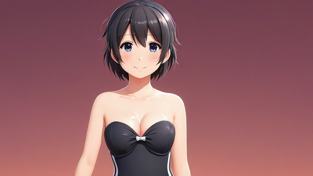 Anime Character in Black Swimsuit with Sunset Background