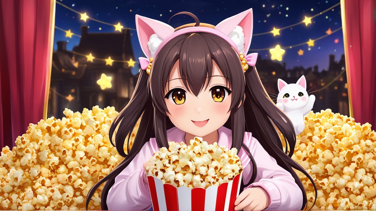 Cheerful girl with popcorn and cat in night sky scene