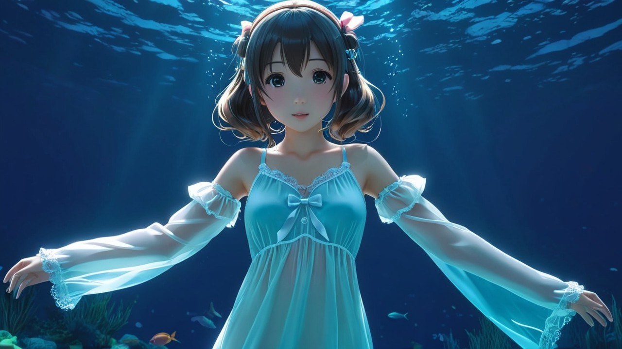 Young girl swimming gracefully in serene underwater scene