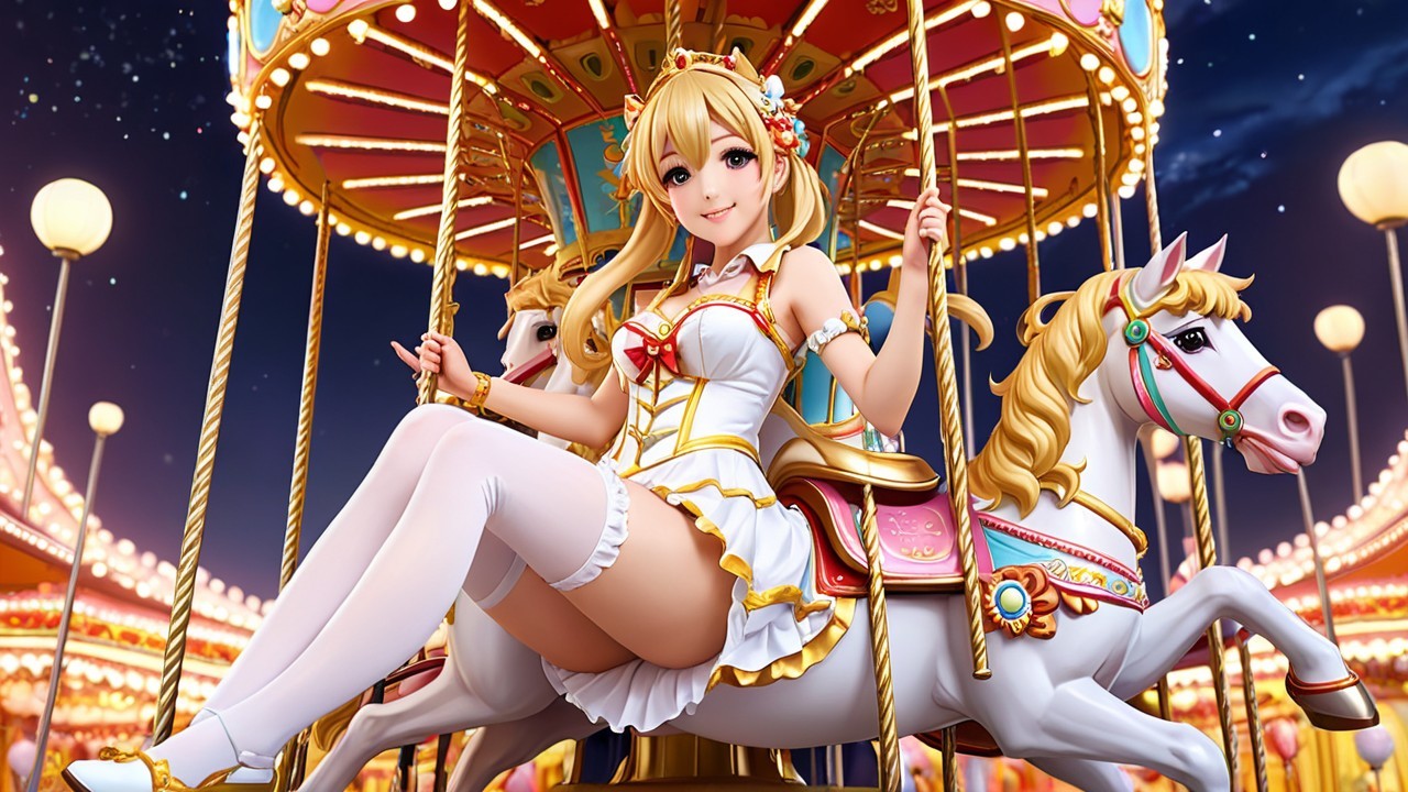Young Woman on Carousel Horse at Night Carnival