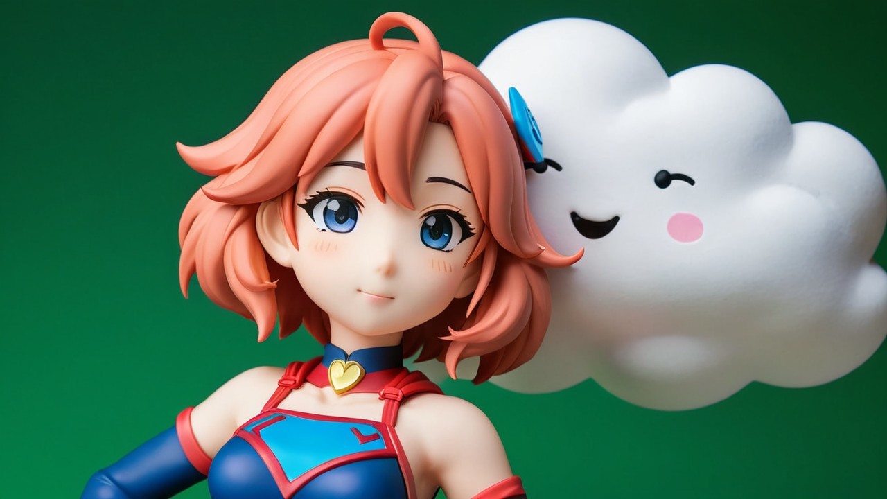 Figurine of a girl with pink hair and cheerful cloud