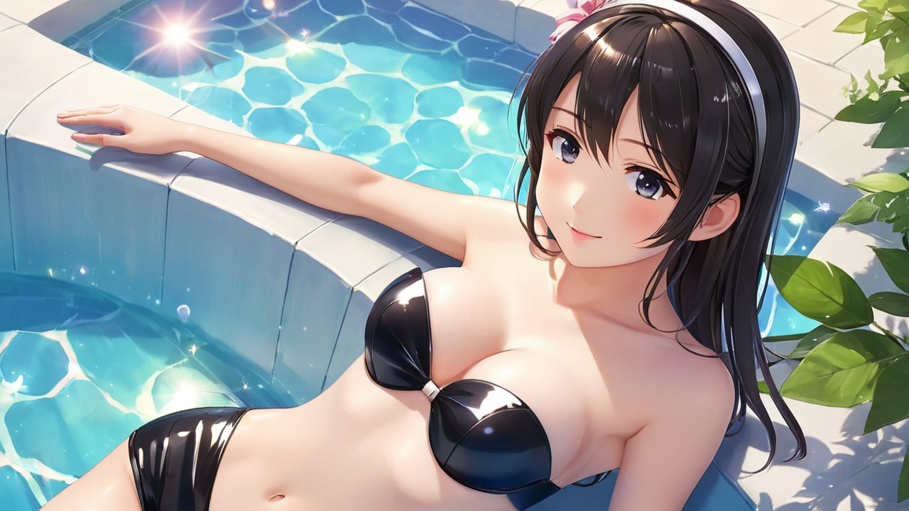 Young Woman by Sparkling Pool in Black Bikini