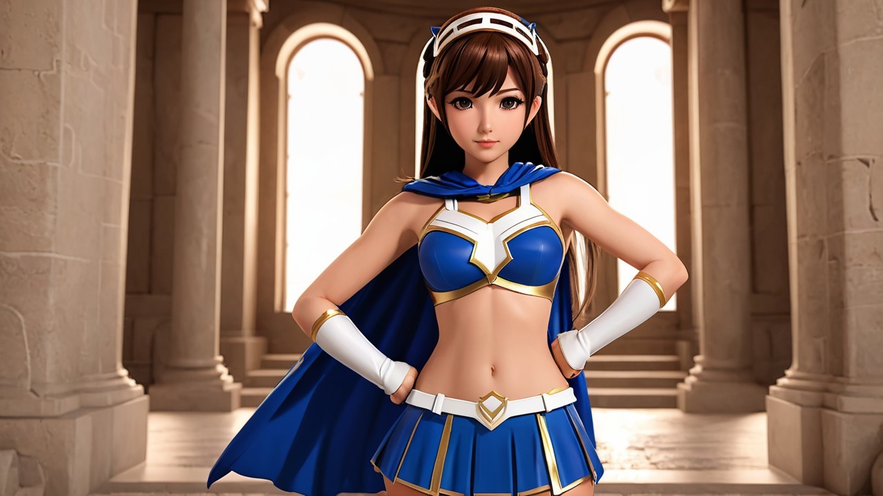 Female superhero in blue and white outfit in architecture