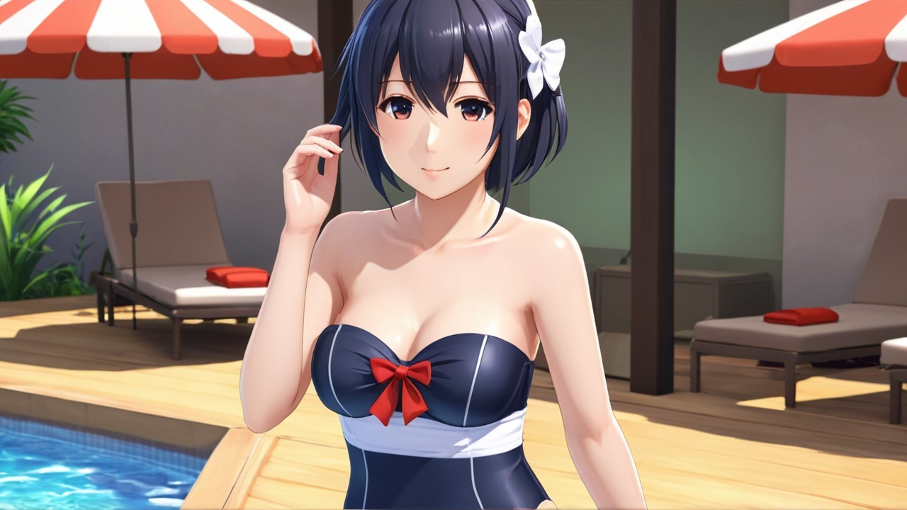 Young woman in stylish swimsuit by vibrant poolside