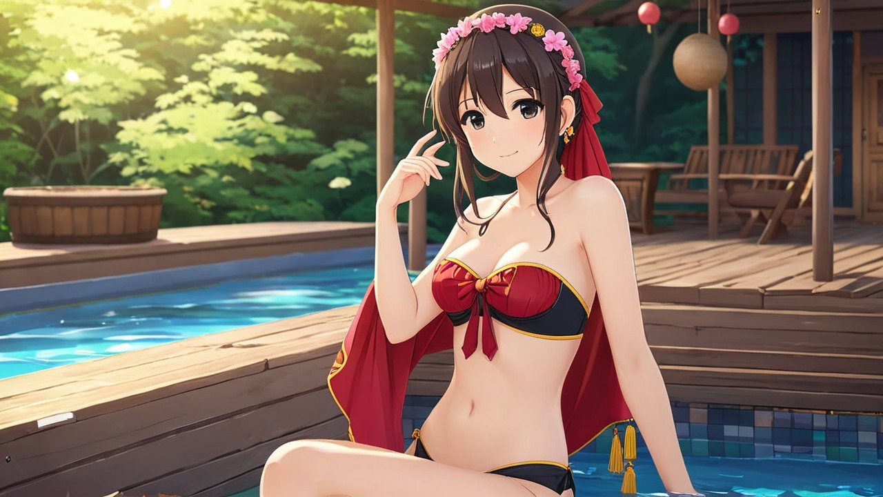 Young Woman in Bikini Relaxing by Poolside Oasis