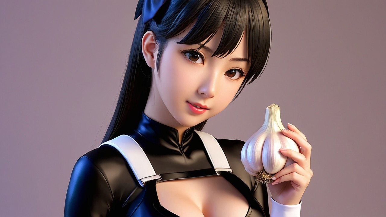 Young woman in black outfit holding garlic bulb