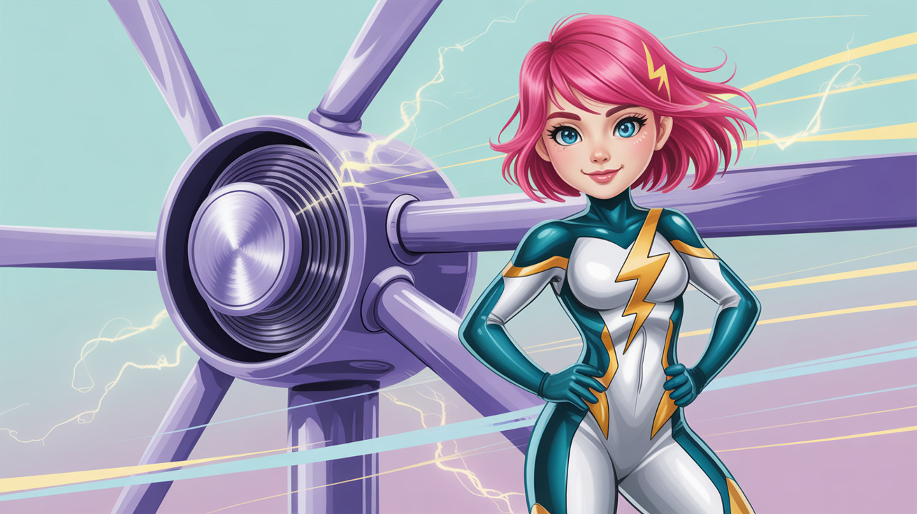 Superheroine in Colorful Suit with Turbine Background