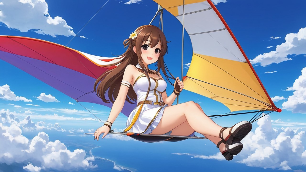 Anime Girl on Colorful Hang Glider in Blue Sky