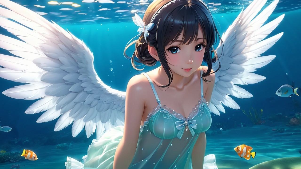 Underwater Scene of a Girl with Angel Wings
