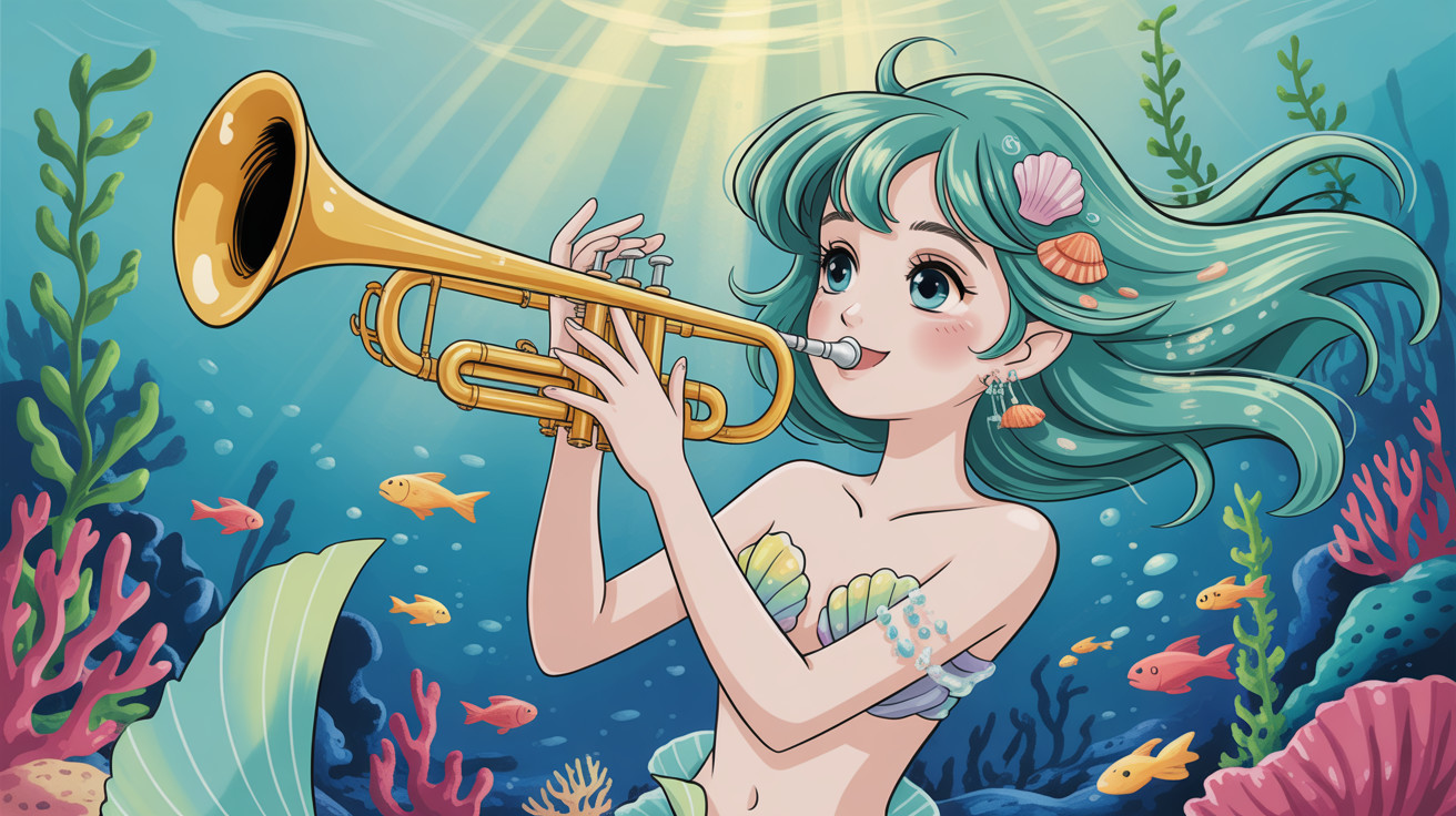 Anime Mermaid with Teal Hair Playing Trumpet Underwater