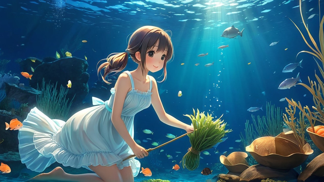 Young girl in white dress explores vibrant underwater world