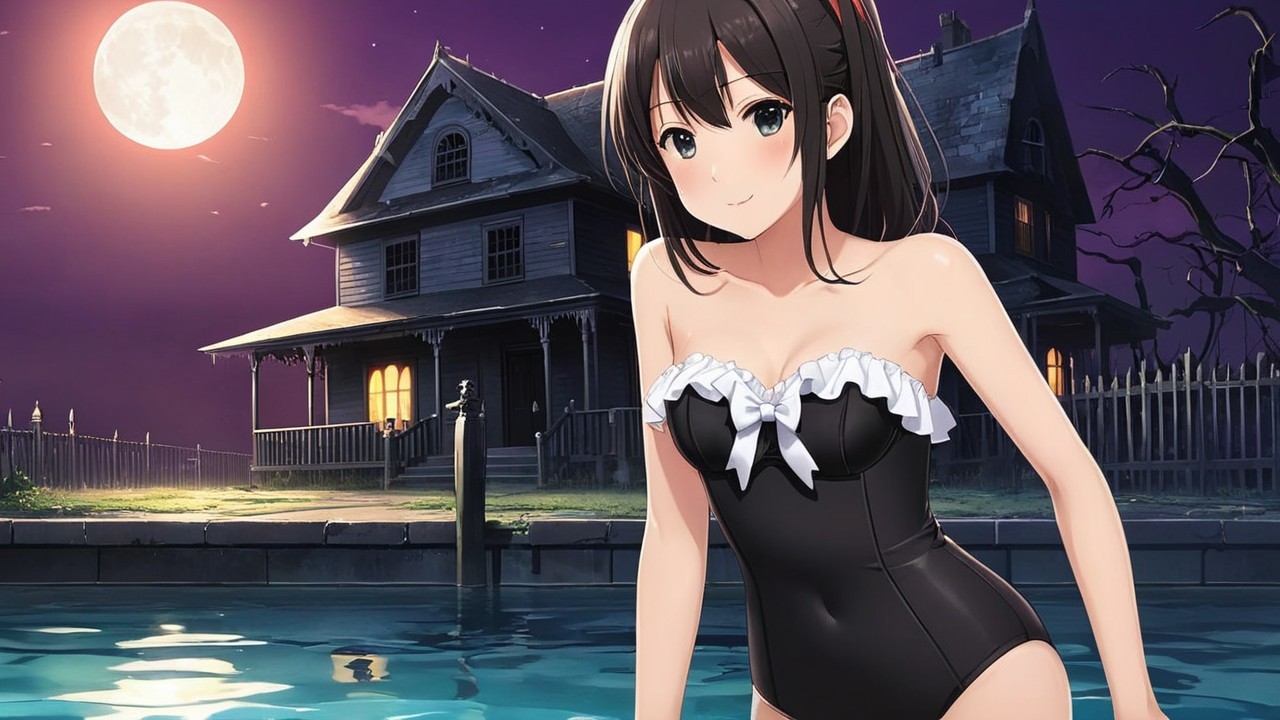 Girl in Black Swimsuit by Moonlit Pool and Gothic House