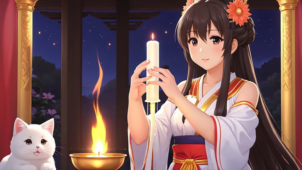 Young Woman in Kimono with Candle in Tranquil Setting