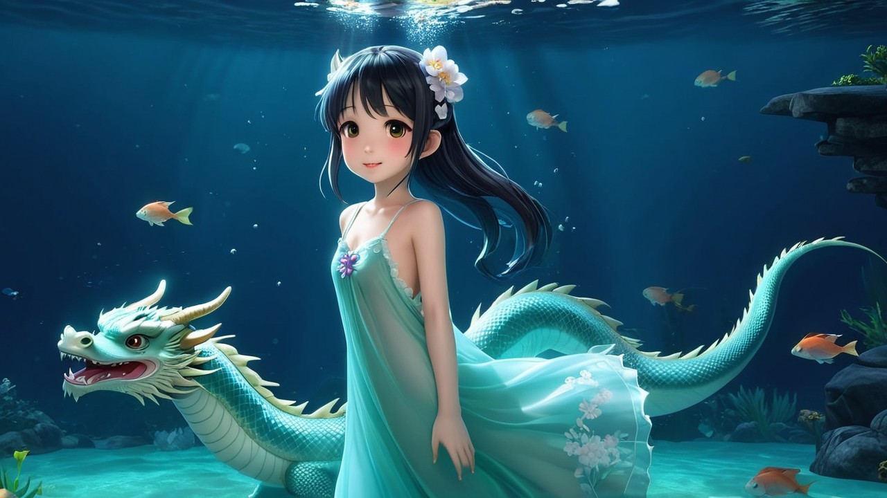 Whimsical Underwater Scene with Girl and Dragon