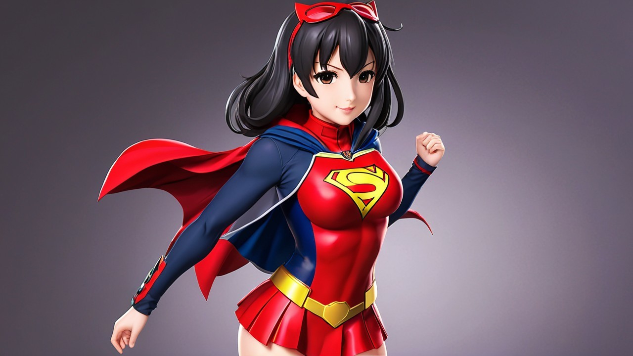 Stylized female superhero in vibrant red and blue costume