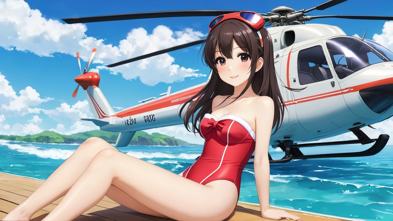 Young Woman in Red Swimsuit by Blue Ocean and Helicopter
