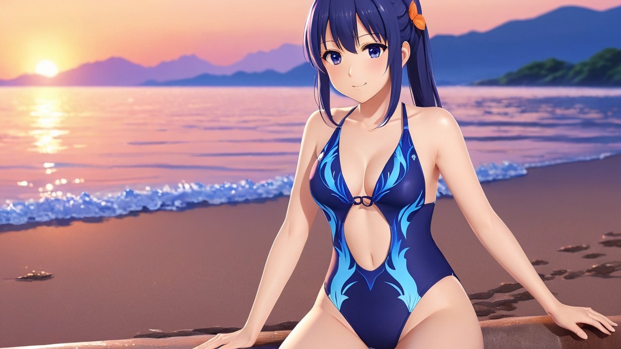 Young woman in blue swimsuit at sunset beach scene