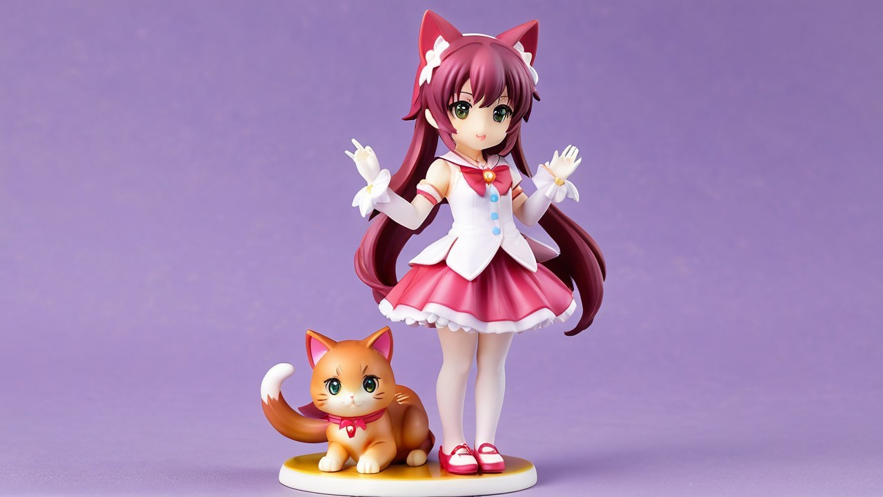 Colorful girl with cat ears and playful orange cat