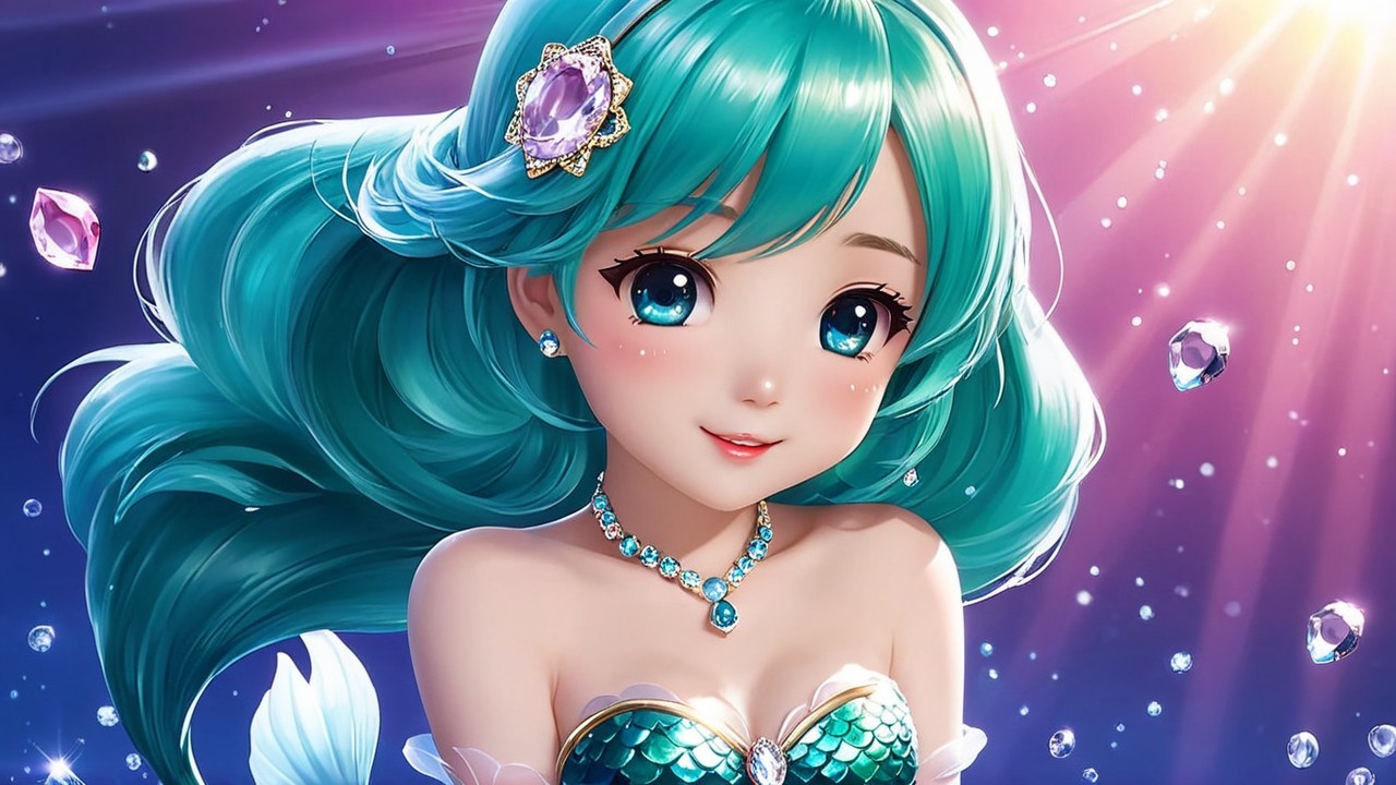 Animated mermaid with teal hair and floating gems