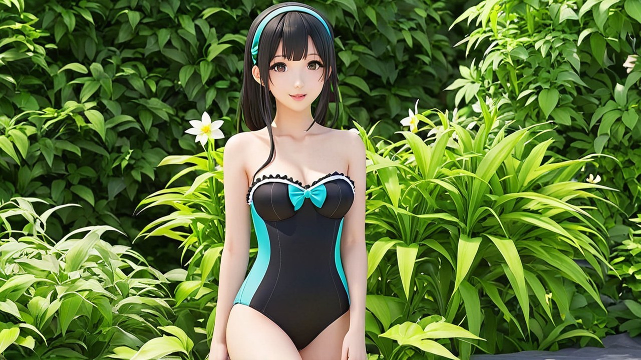 Female Character in Stylish Swimsuit in Lush Setting