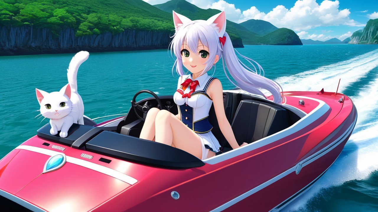 Cheerful anime girl in red boat with cat and scenery