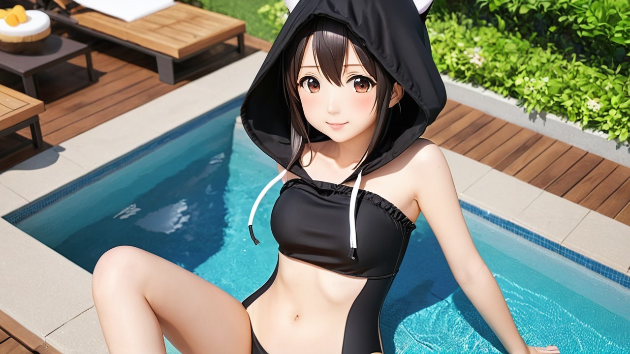 Young girl in black swimsuit by a sunny poolside