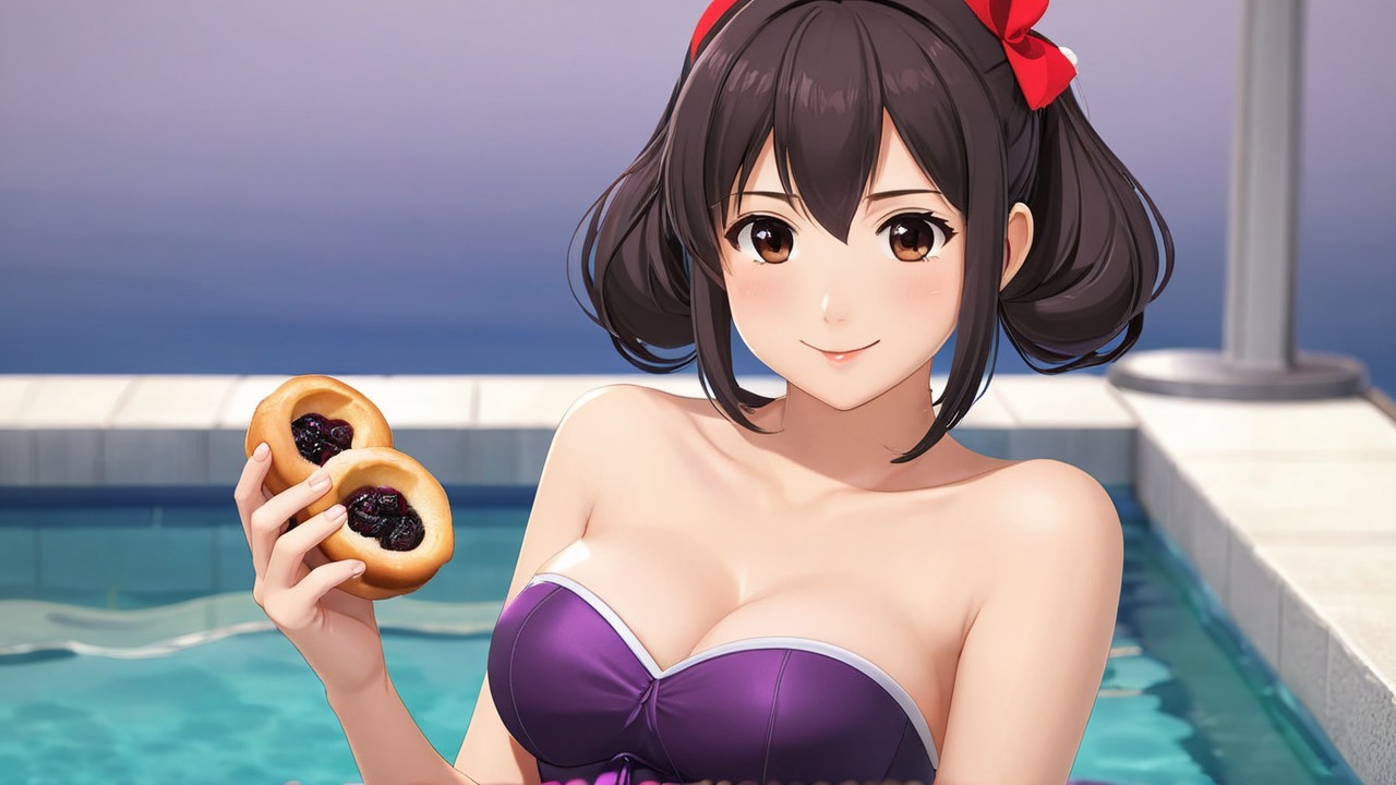 Cheerful woman by pool with donuts and purple swimsuit