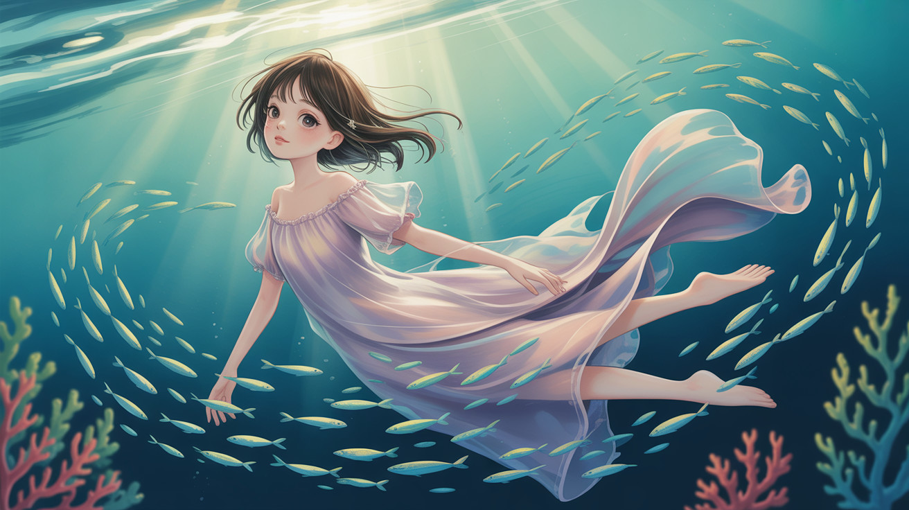 Anime-Style Digital Painting of Young Woman in Water
