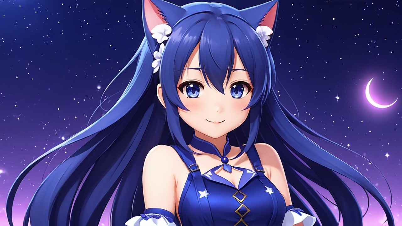 Cheerful character with blue hair and night sky backdrop