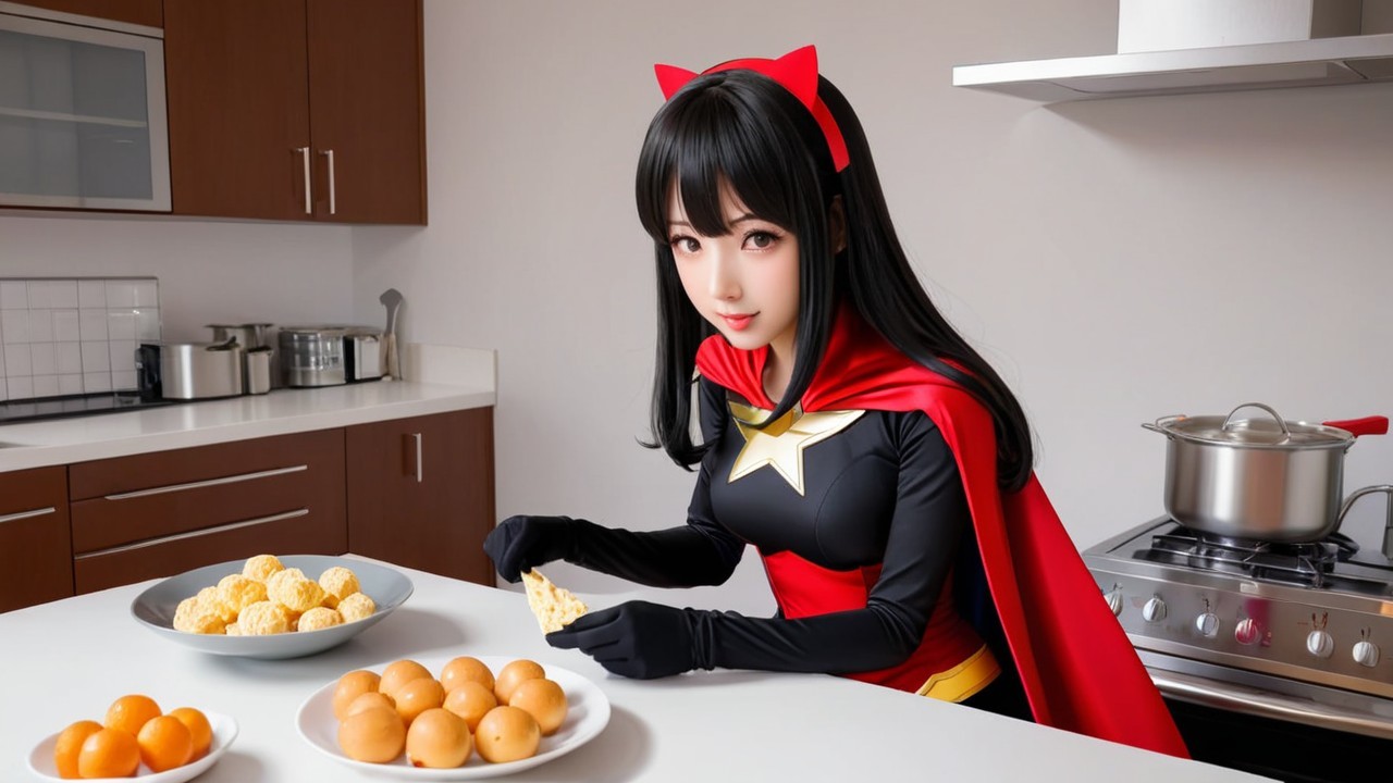 Superhero Character in Modern Kitchen Preparing Snacks