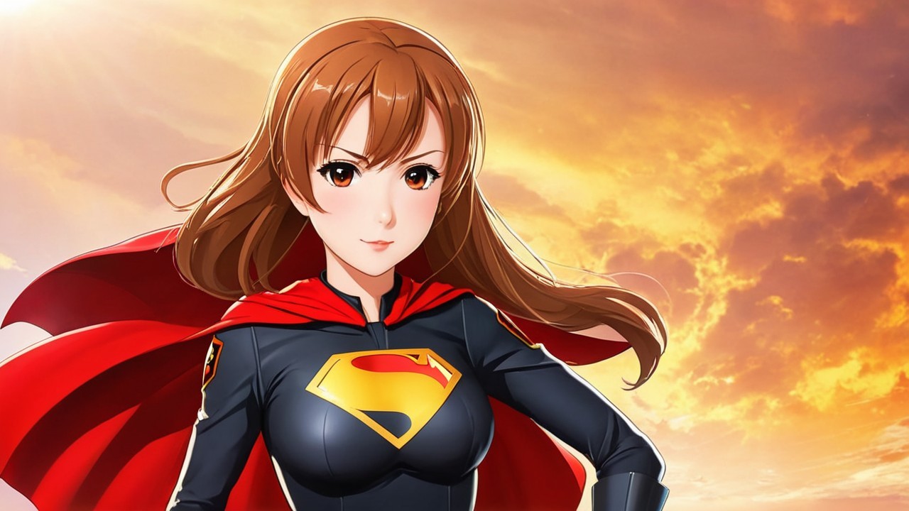Confident Young Woman in Superhero Costume at Sunset