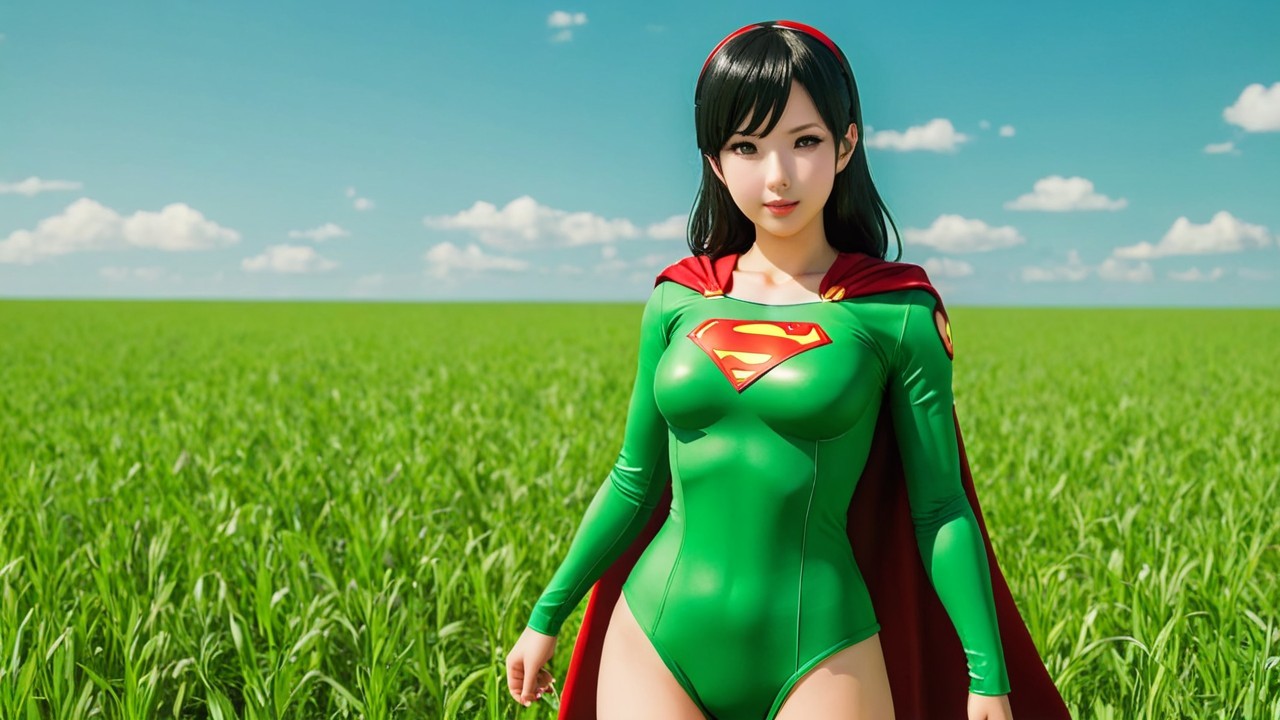 Superhero Character in Green Costume in Grassy Field