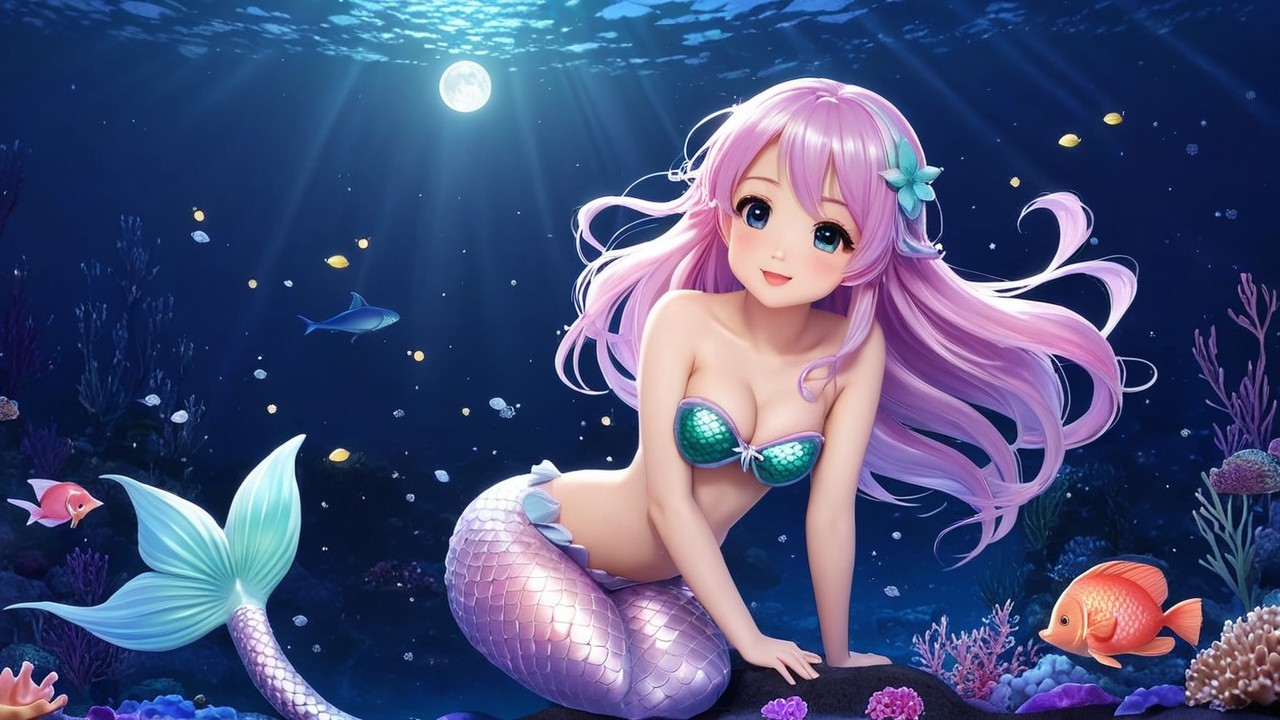 Whimsical Underwater Scene with Mermaid and Coral