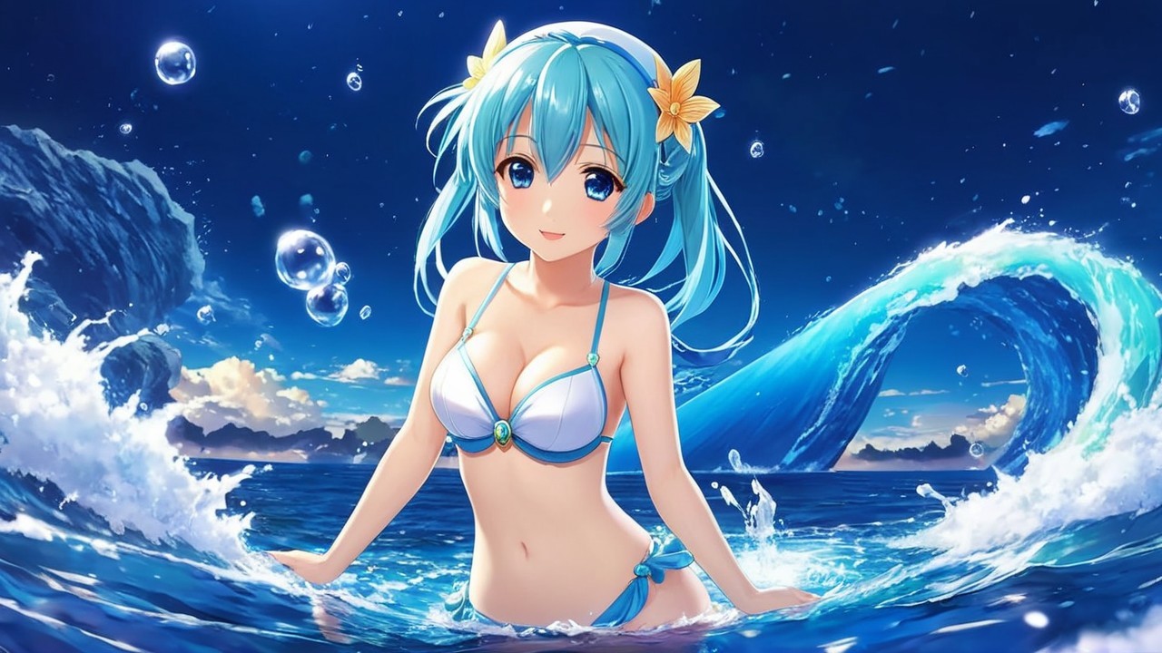 Vibrant anime girl in ocean with aqua blue hair