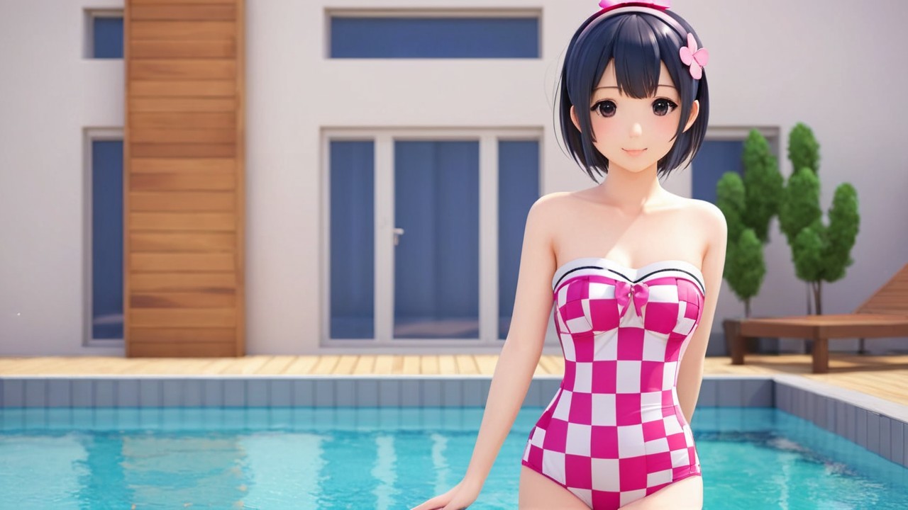 Cheerful girl by blue pool in stylish swimsuit