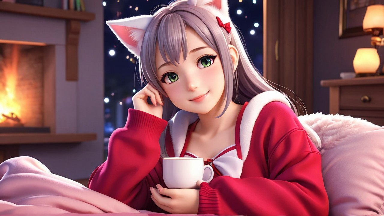 Cozy Animated Scene of Girl in Cat Ears with Cup