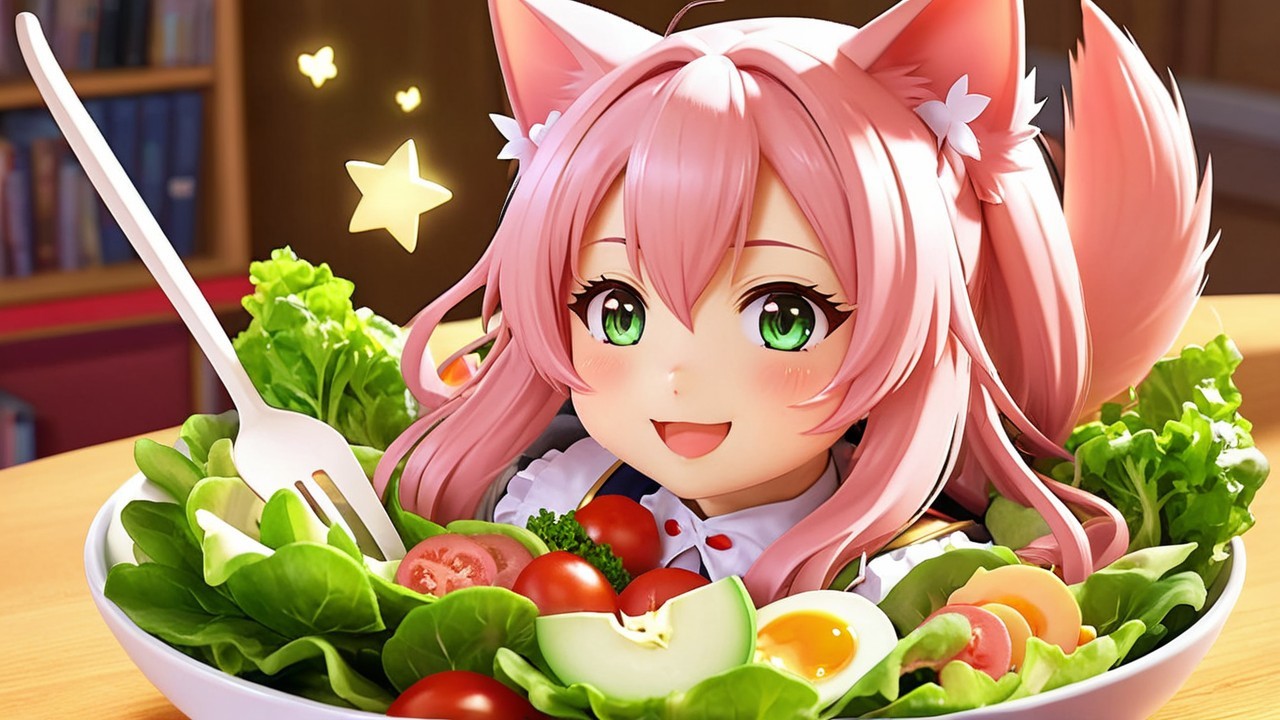 Cheerful anime character in a vegetable bowl scene