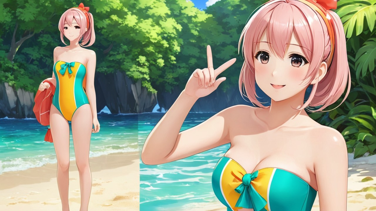 Cheerful Anime Character on Sunny Beach with Swimsuit
