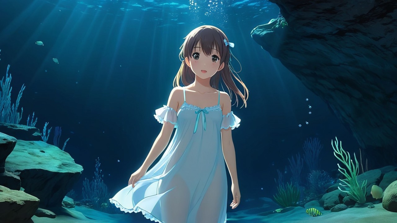 Girl in Light Blue Dress Submerged in Underwater Scene