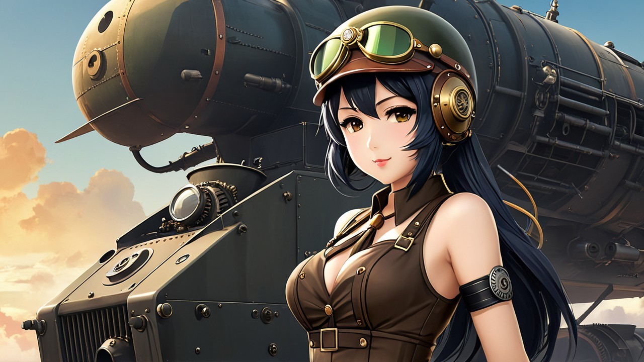 Young Woman in Aviator Outfit by Vintage Locomotive