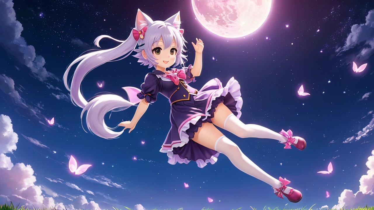 Whimsical Anime Character in Starry Night Sky