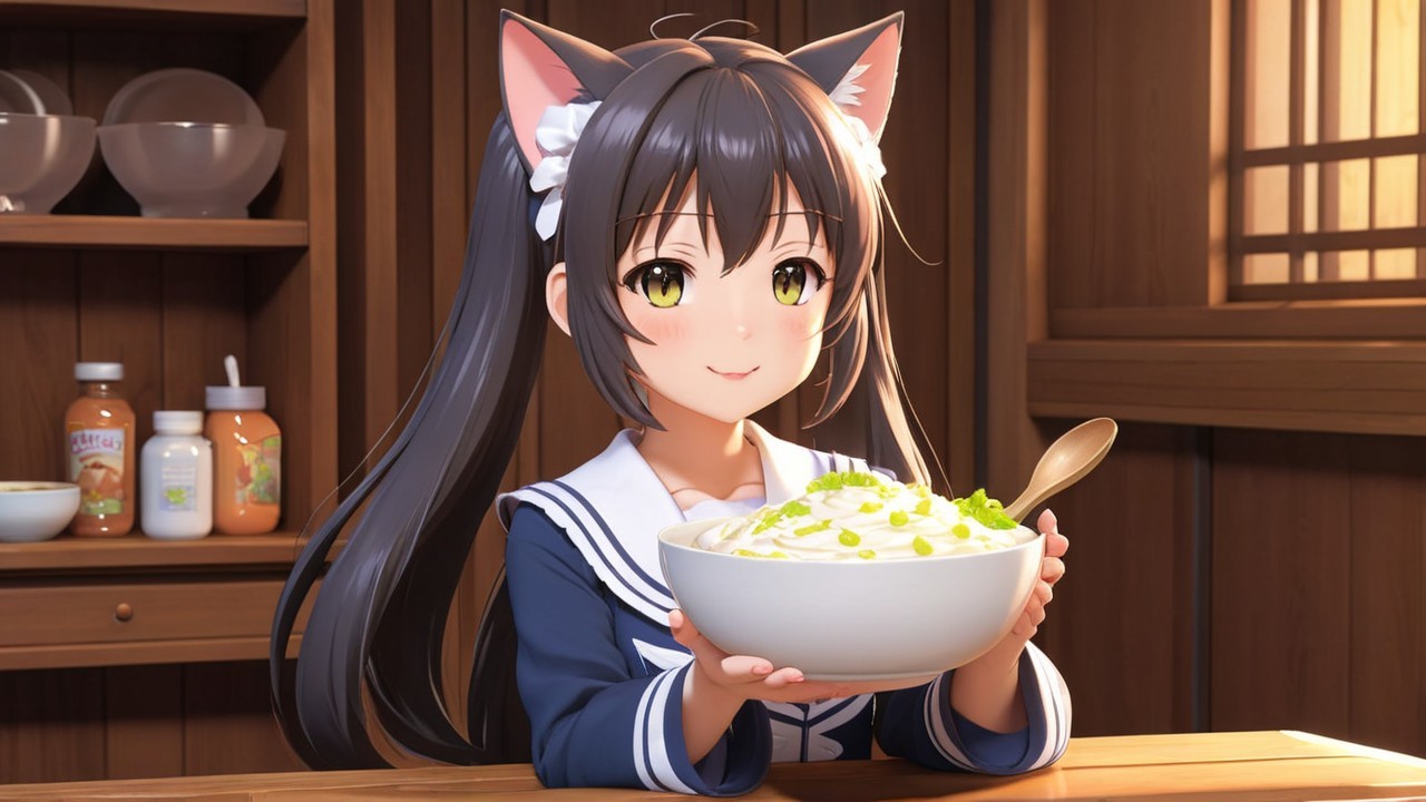Cheerful girl with cat ears holding rice bowl in cozy setting