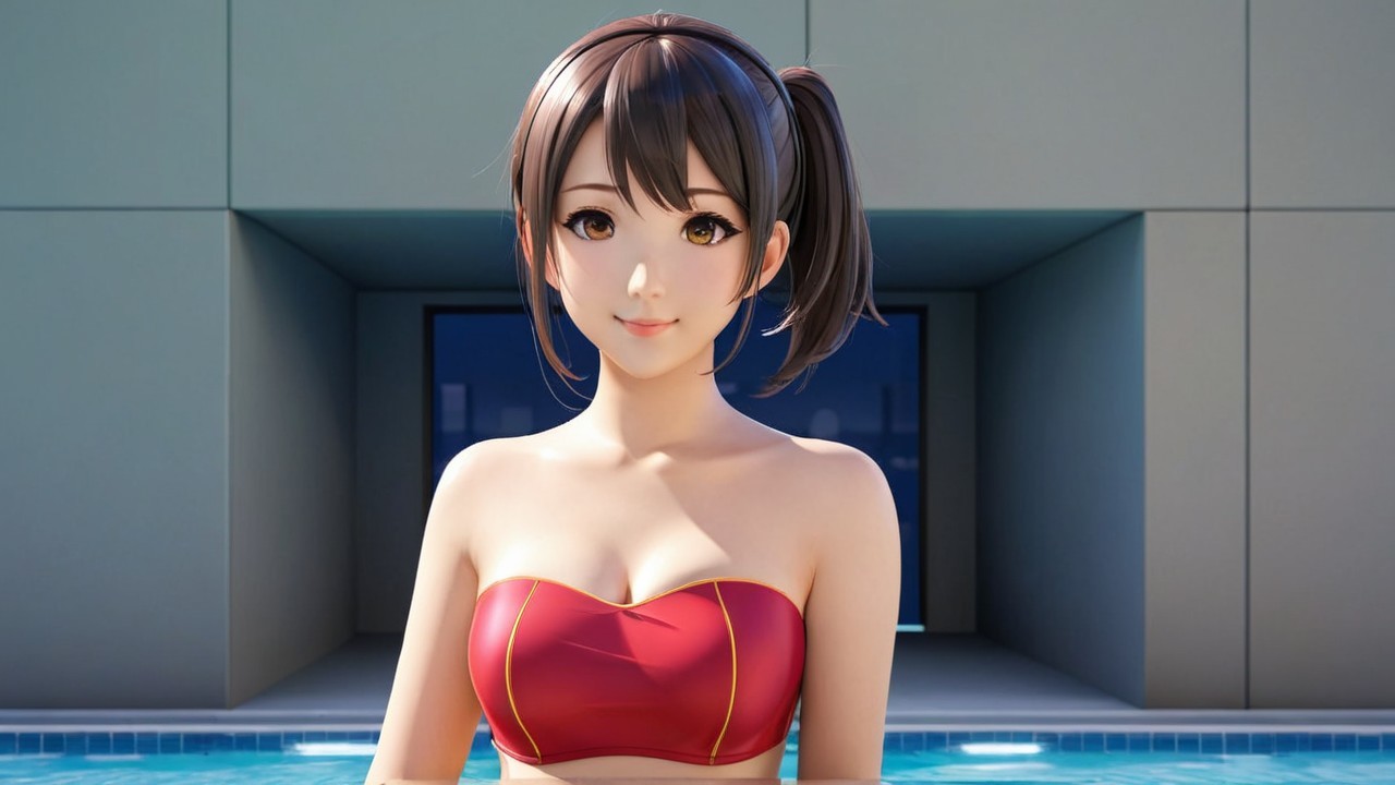 Anime Character by Swimming Pool in Red Bikini
