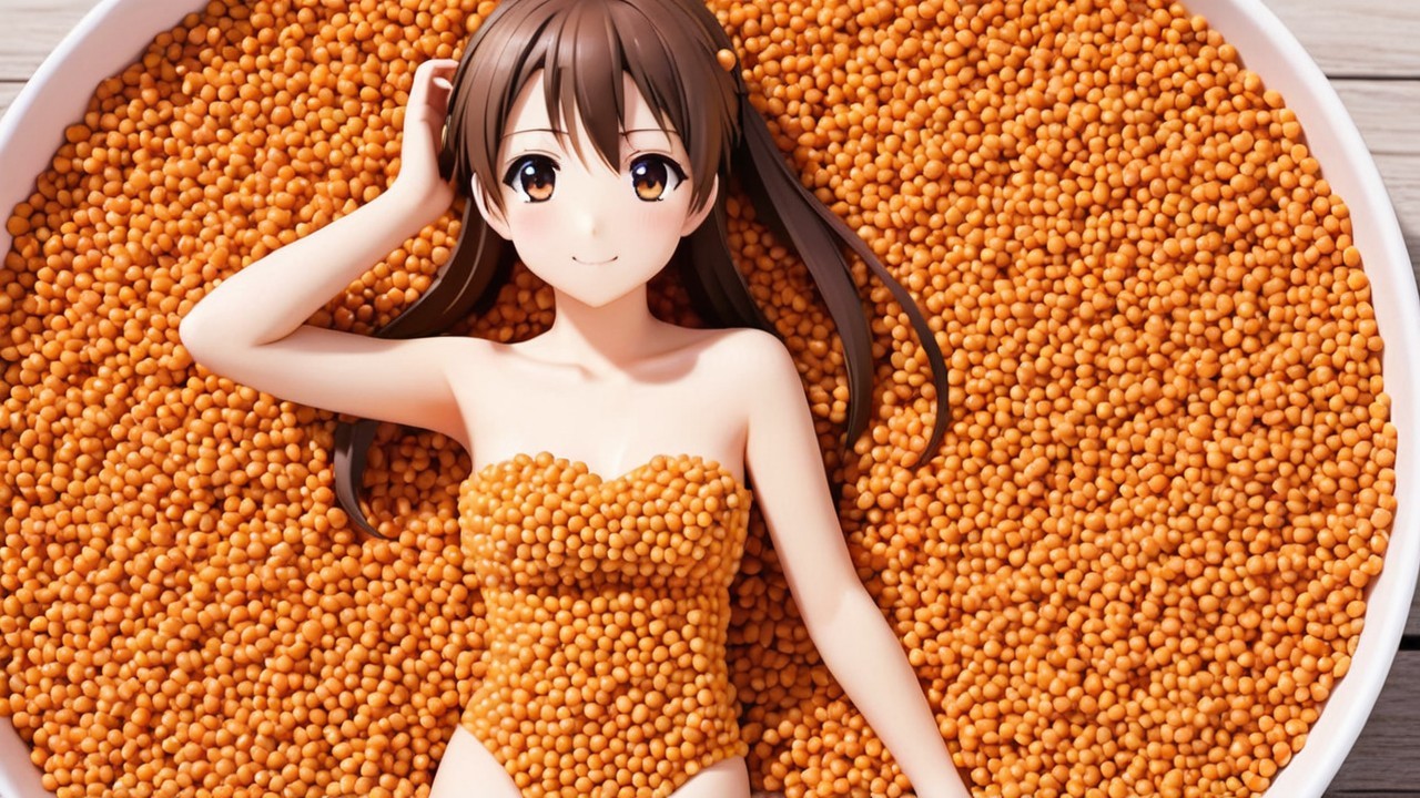 Cheerful anime girl in vibrant orange sphere bowl
