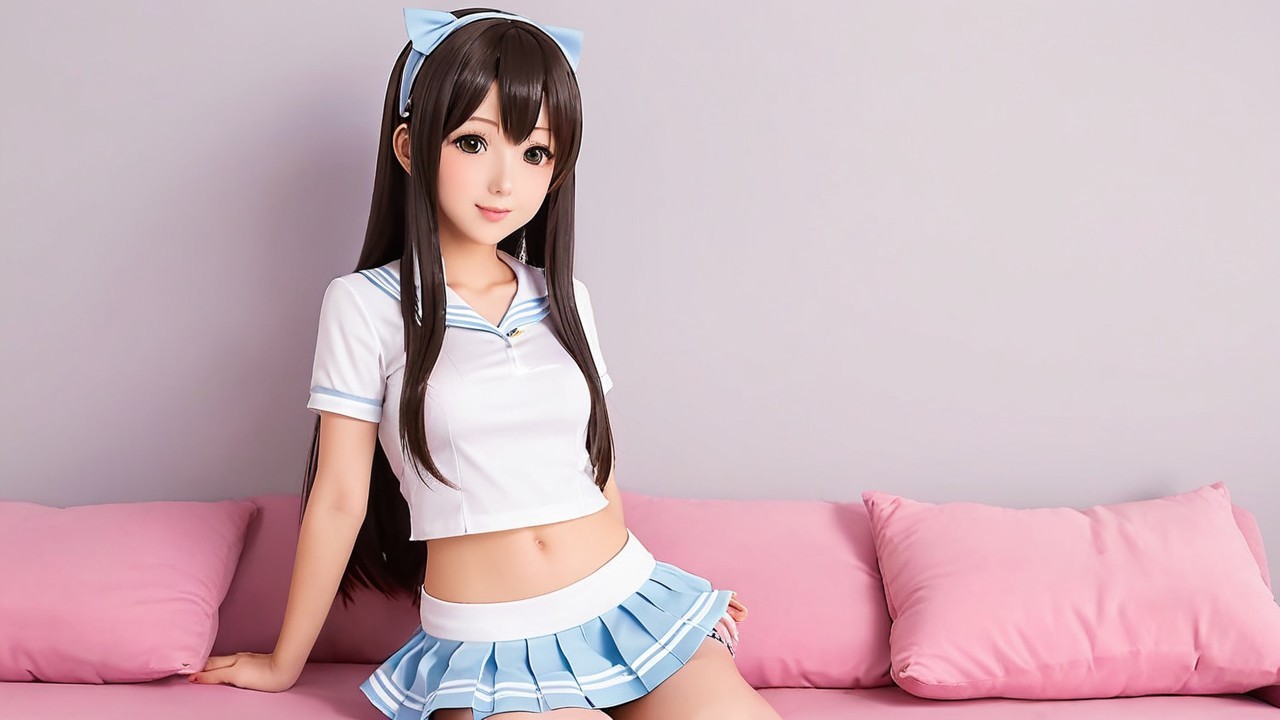 Young woman in schoolgirl outfit on pink sofa