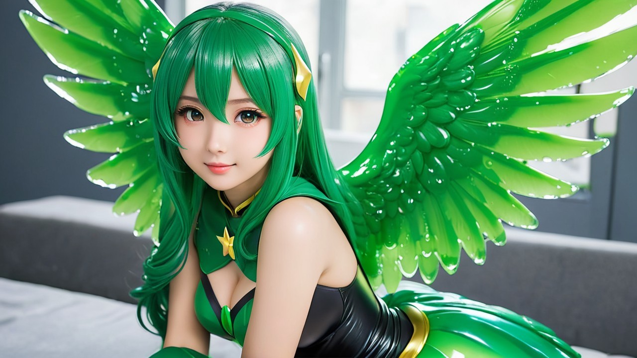 Vibrant Character with Green Hair and Leaf Wings